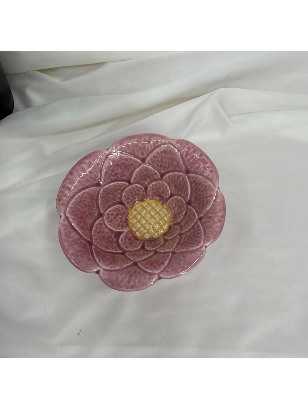 Pink Flower Trinket Jewelry Disk Ceramic Hand Painted Bowl